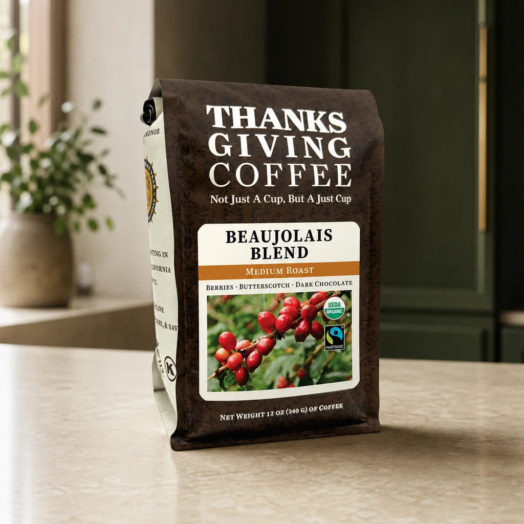 Thanksgiving Coffee Beaujolais Blend coffee bag, front of package