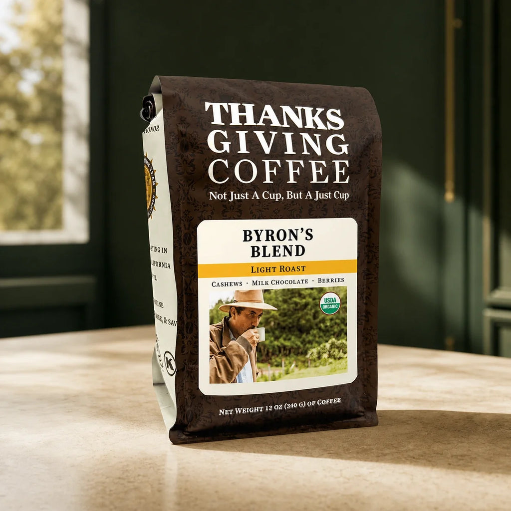 Thanksgiving Coffee Byron's Blend coffee bag, front of package