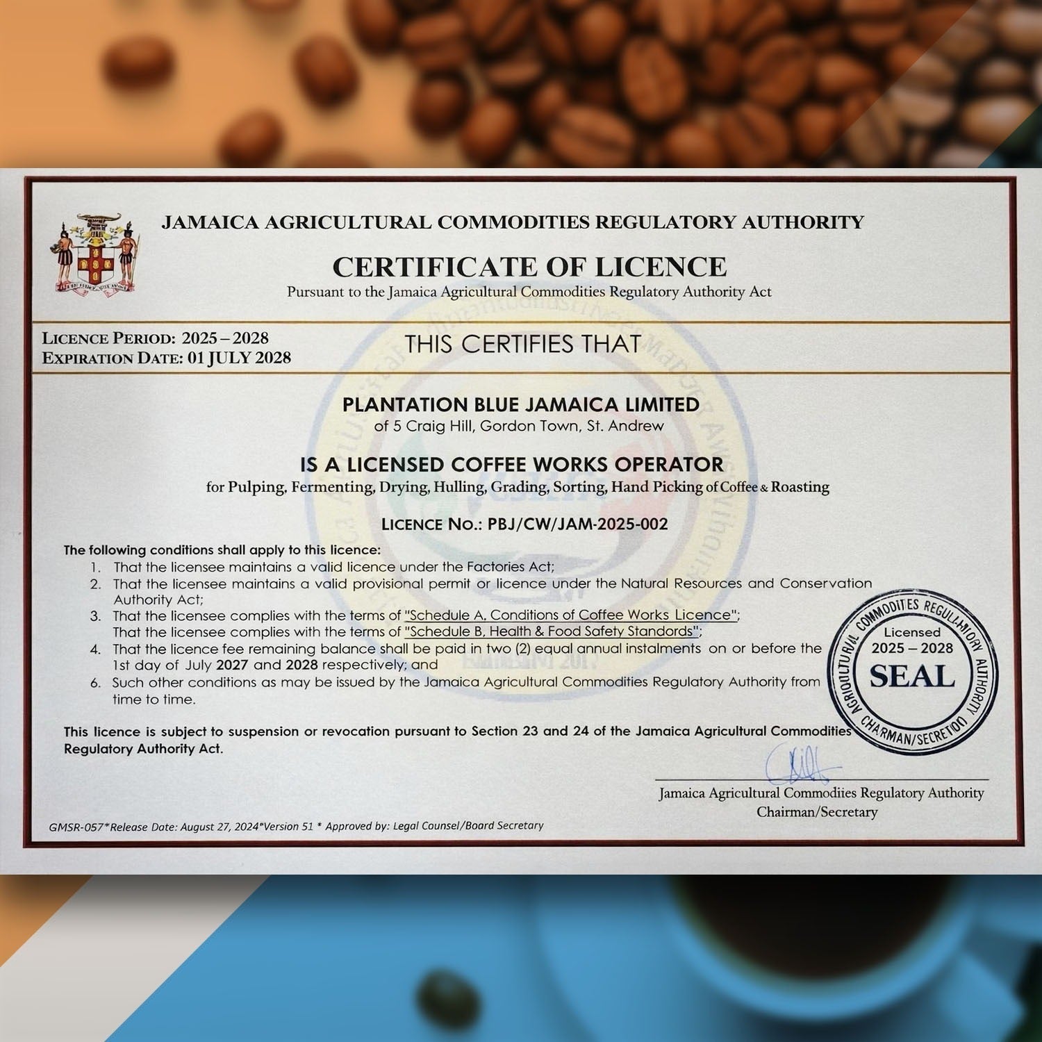 Plantation Blue 100% Jamaica Blue Mountain Coffee — 16 oz Whole Bean