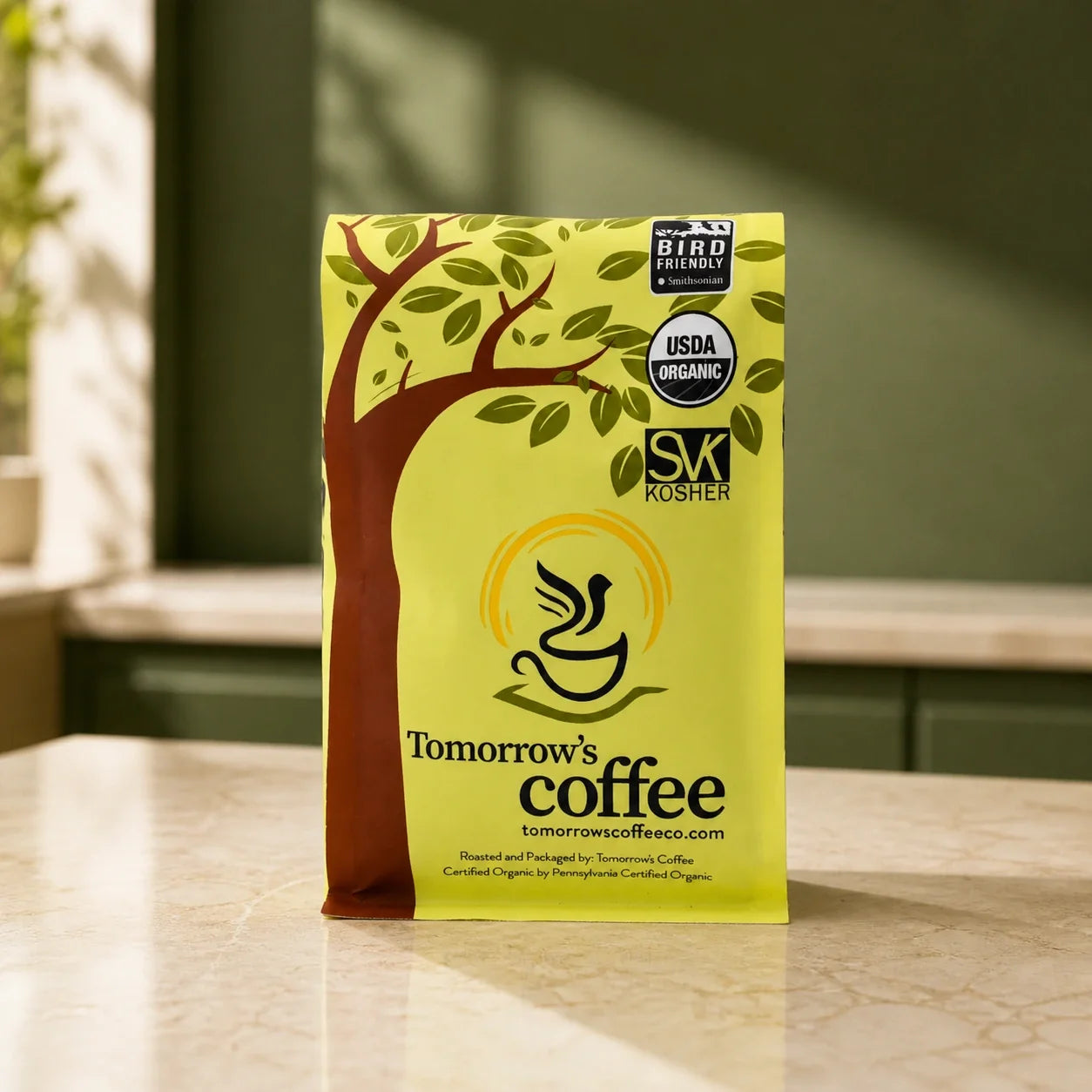 Tomorrow's Coffee organic coffee bag, front of package