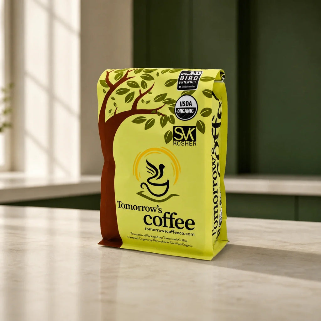 Tomorrow's Coffee organic coffee bag, front of package