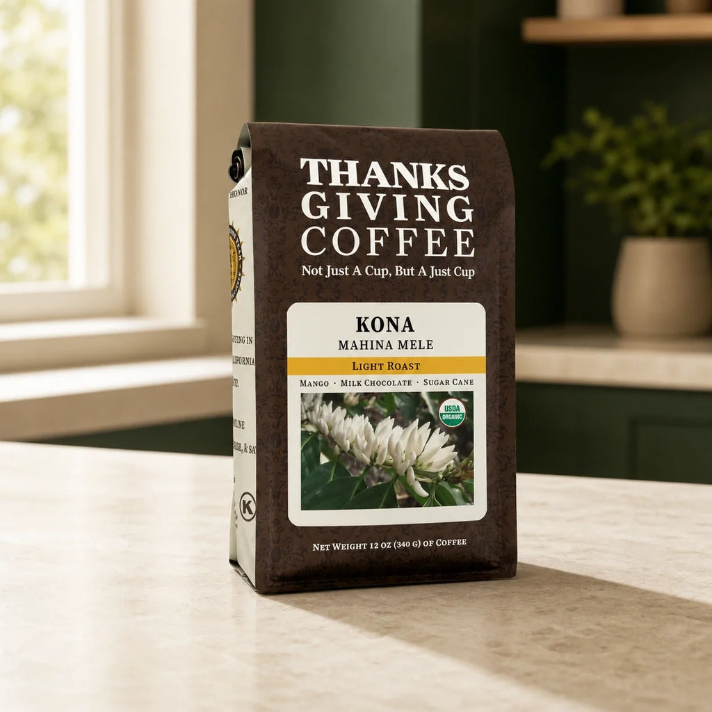 Thanksgiving Coffee Kona Mahina Mele coffee bag, front of package