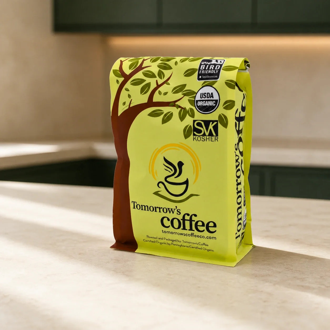 Tomorrow's Coffee organic coffee bag, front of package