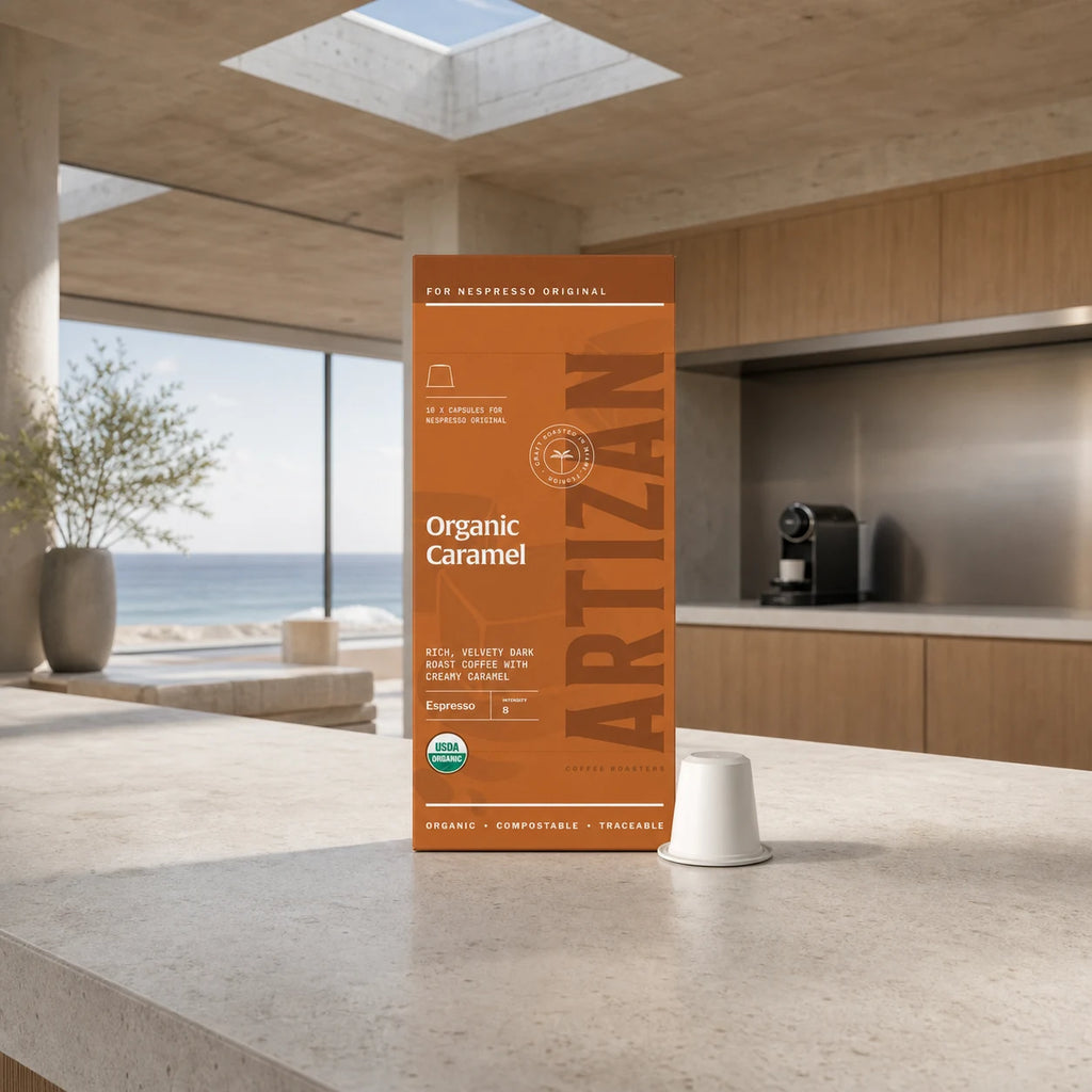 Artizan Organic Caramel espresso capsules in a modern coastal kitchen