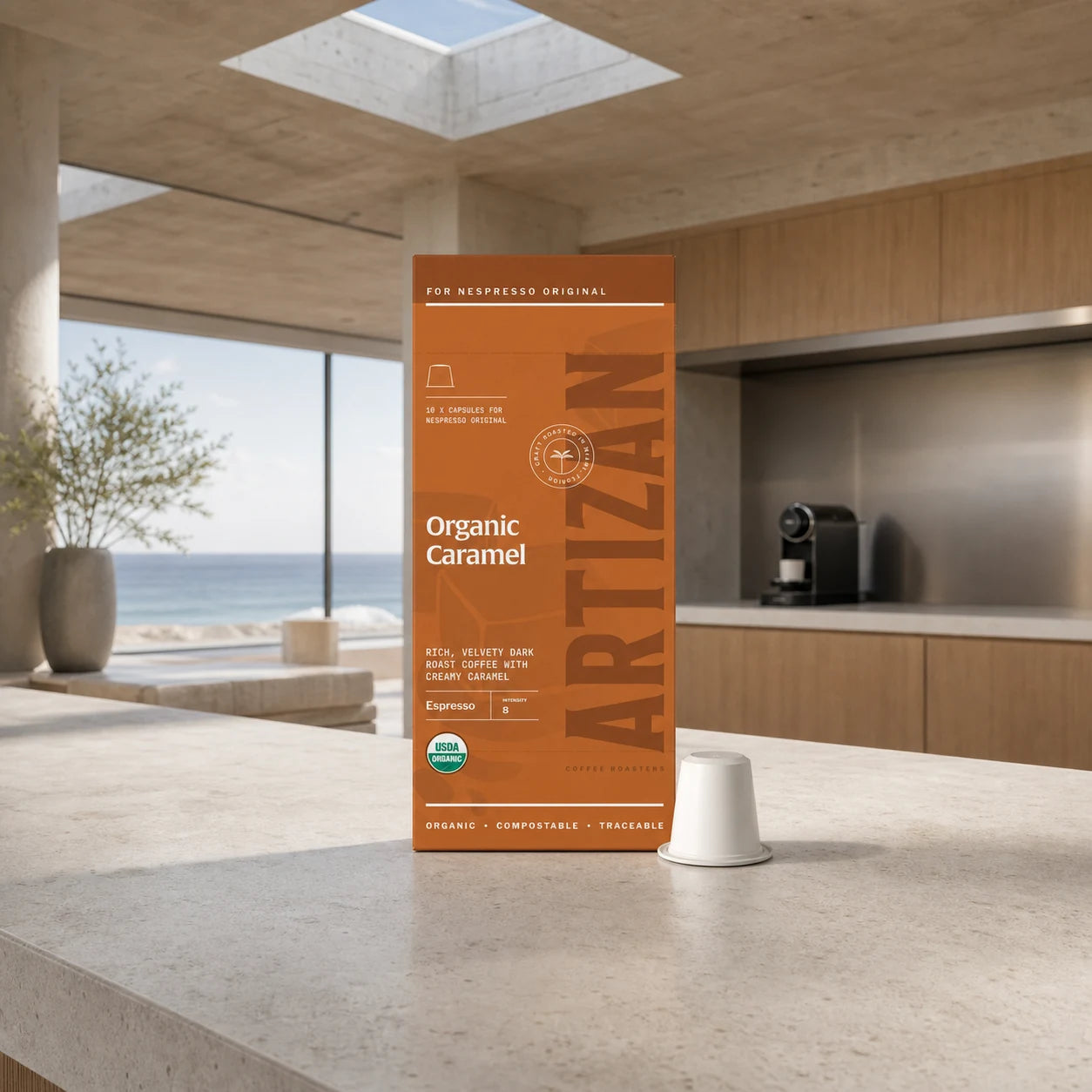 Artizan Organic Caramel espresso capsules in a modern coastal kitchen