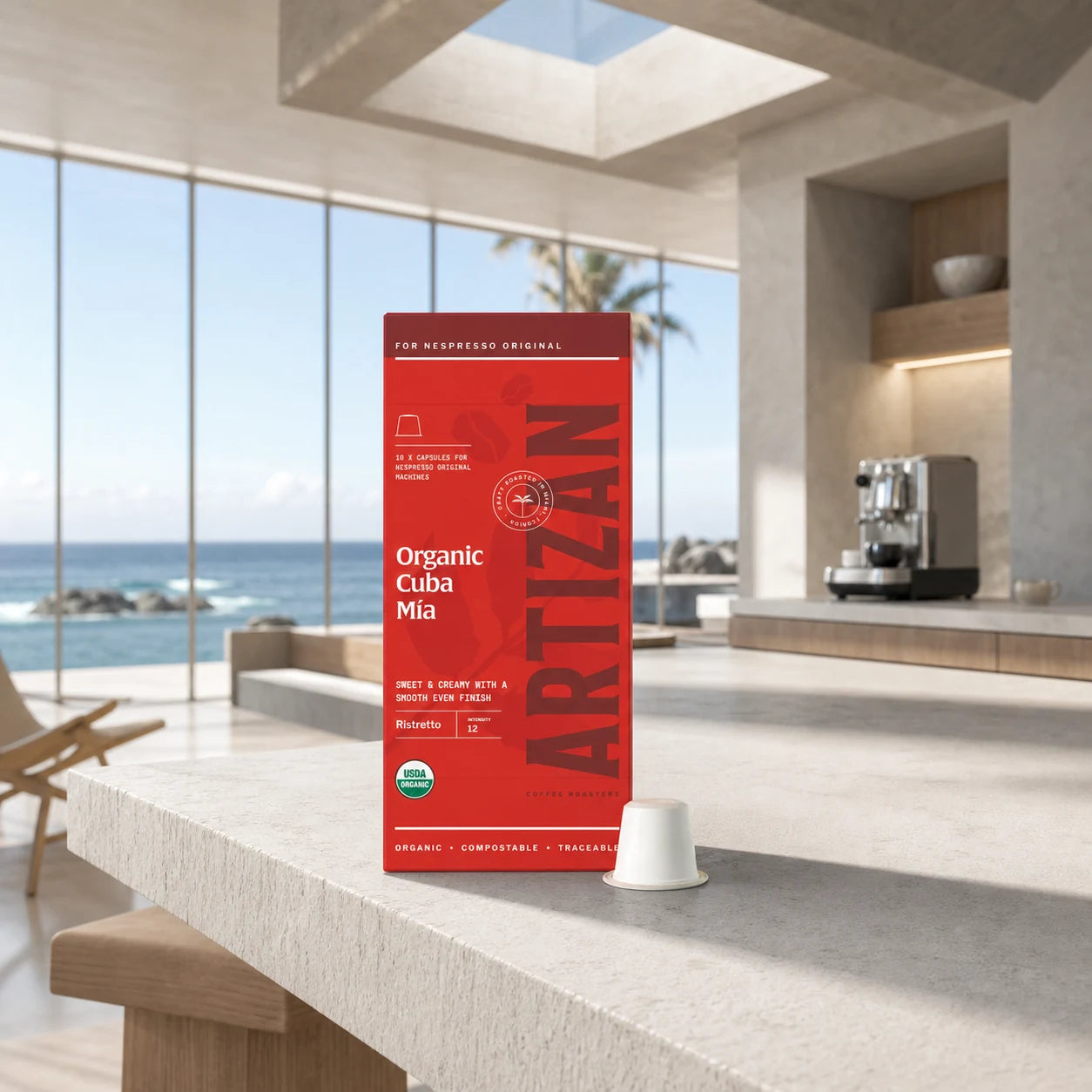 Artizan Organic Cuba Mia espresso capsules in a modern coastal kitchen