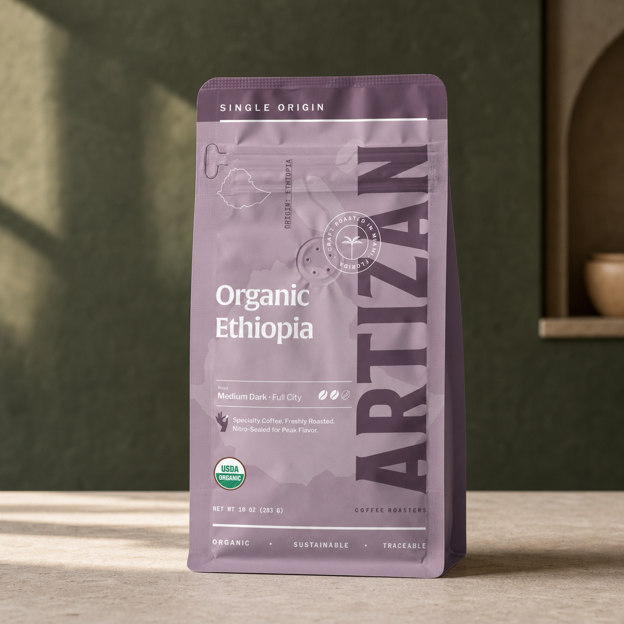Artizan Organic Ethiopia coffee bag on limestone counter