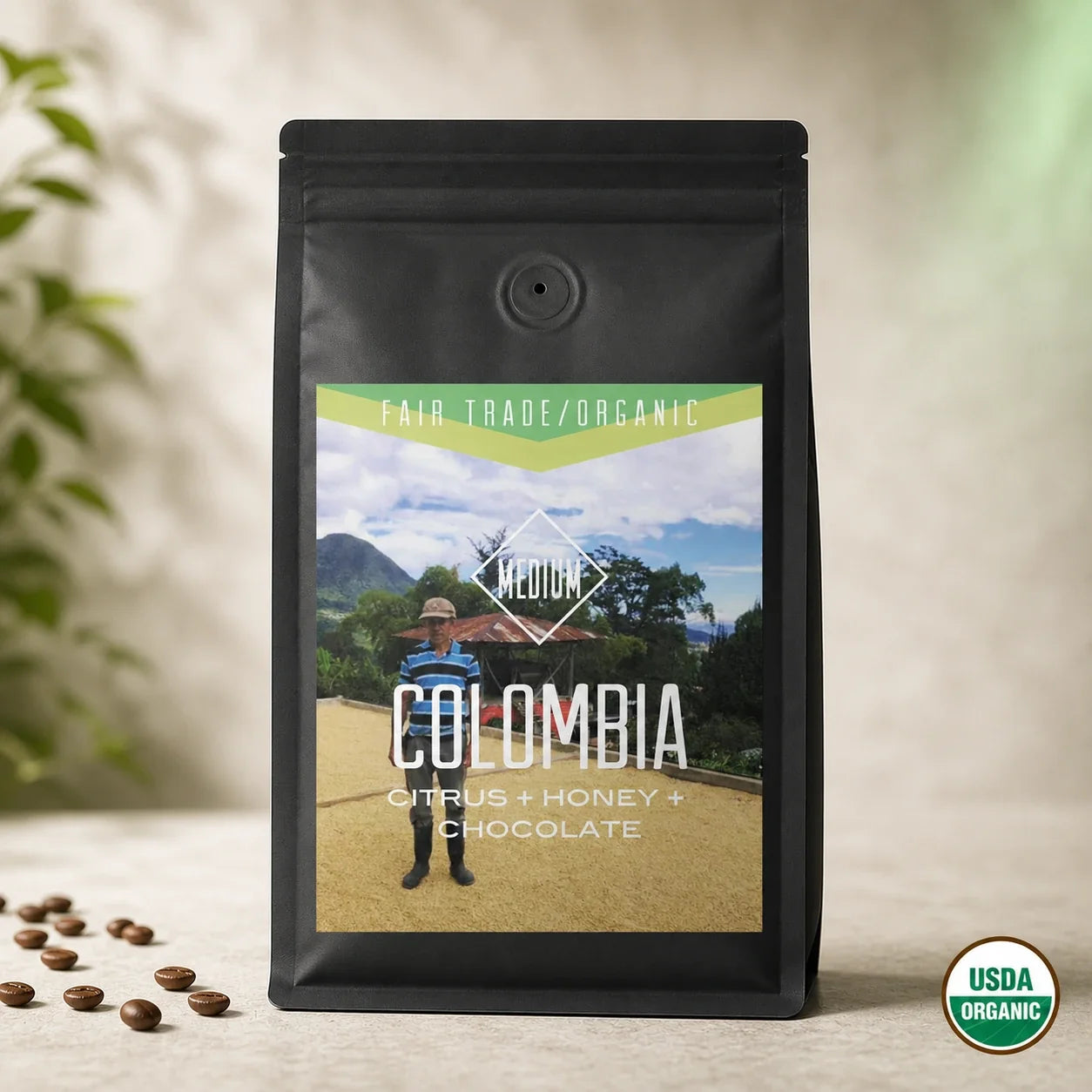 Centri Coffee Organic Fair Trade Colombia Narino coffee bag, front of package