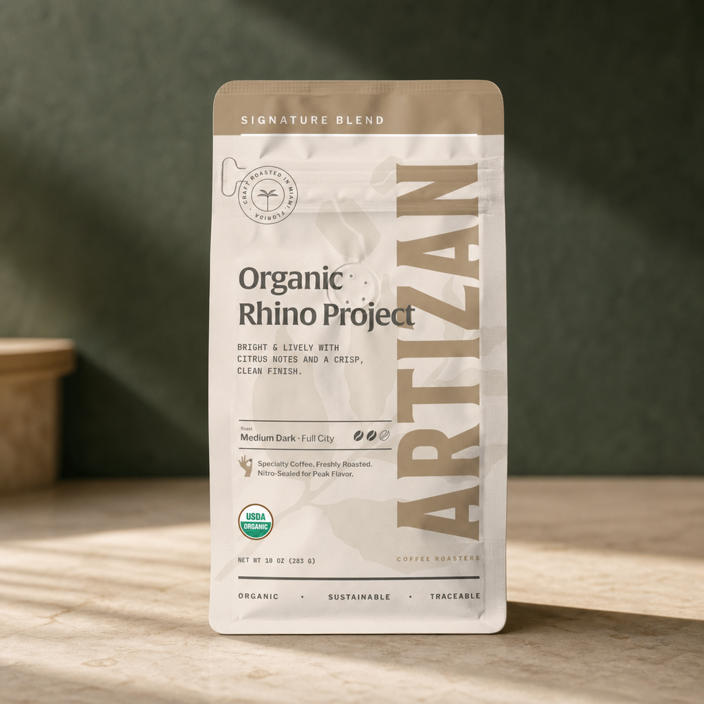 Artizan Organic Rhino Project coffee bag on limestone counter