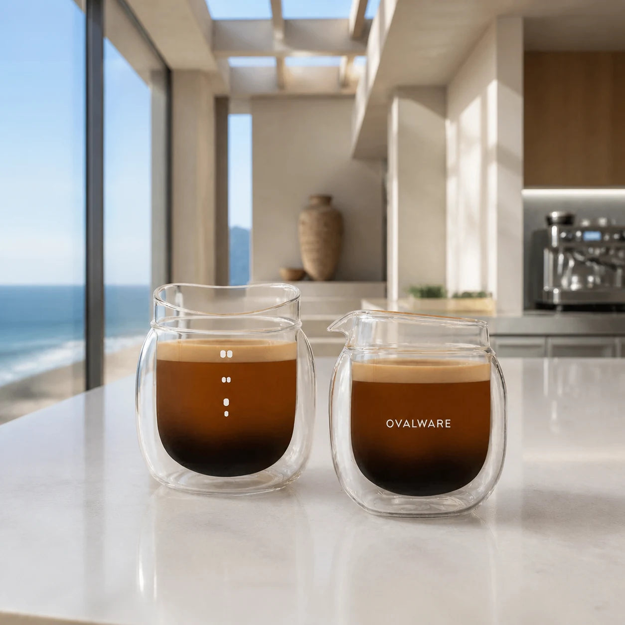 Ovalware double-wall espresso pouring glasses in a modern coastal kitchen
