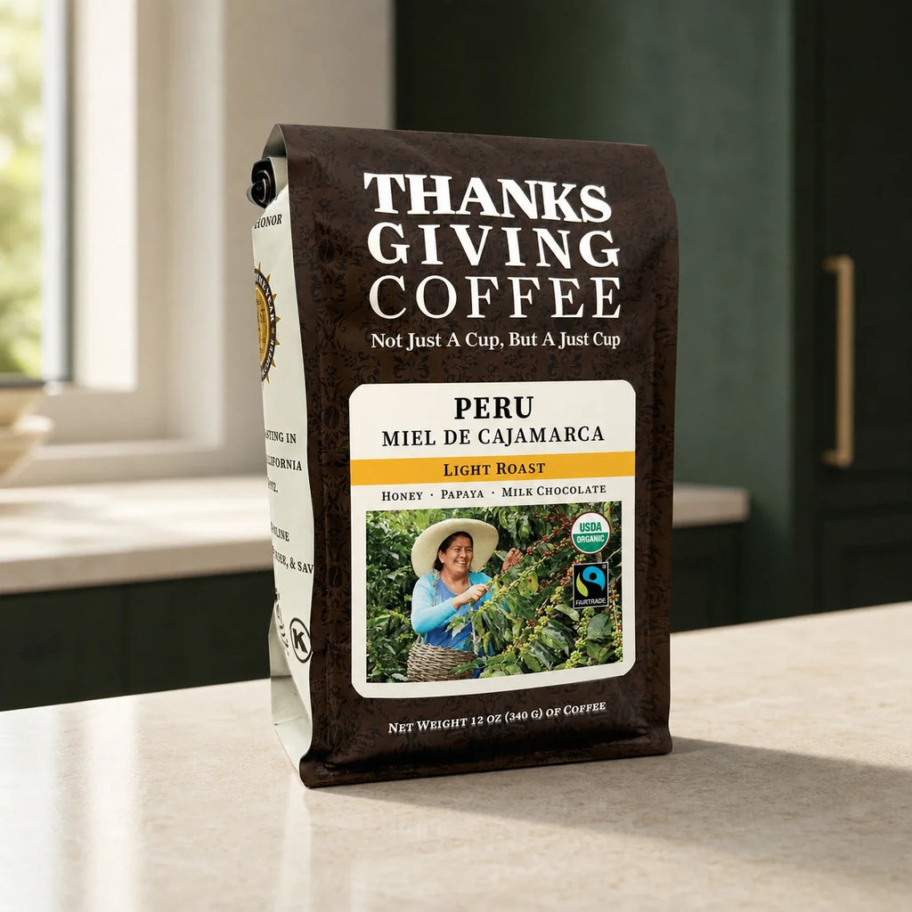 Thanksgiving Coffee Peru Miel de Cajamarca coffee bag, front of package