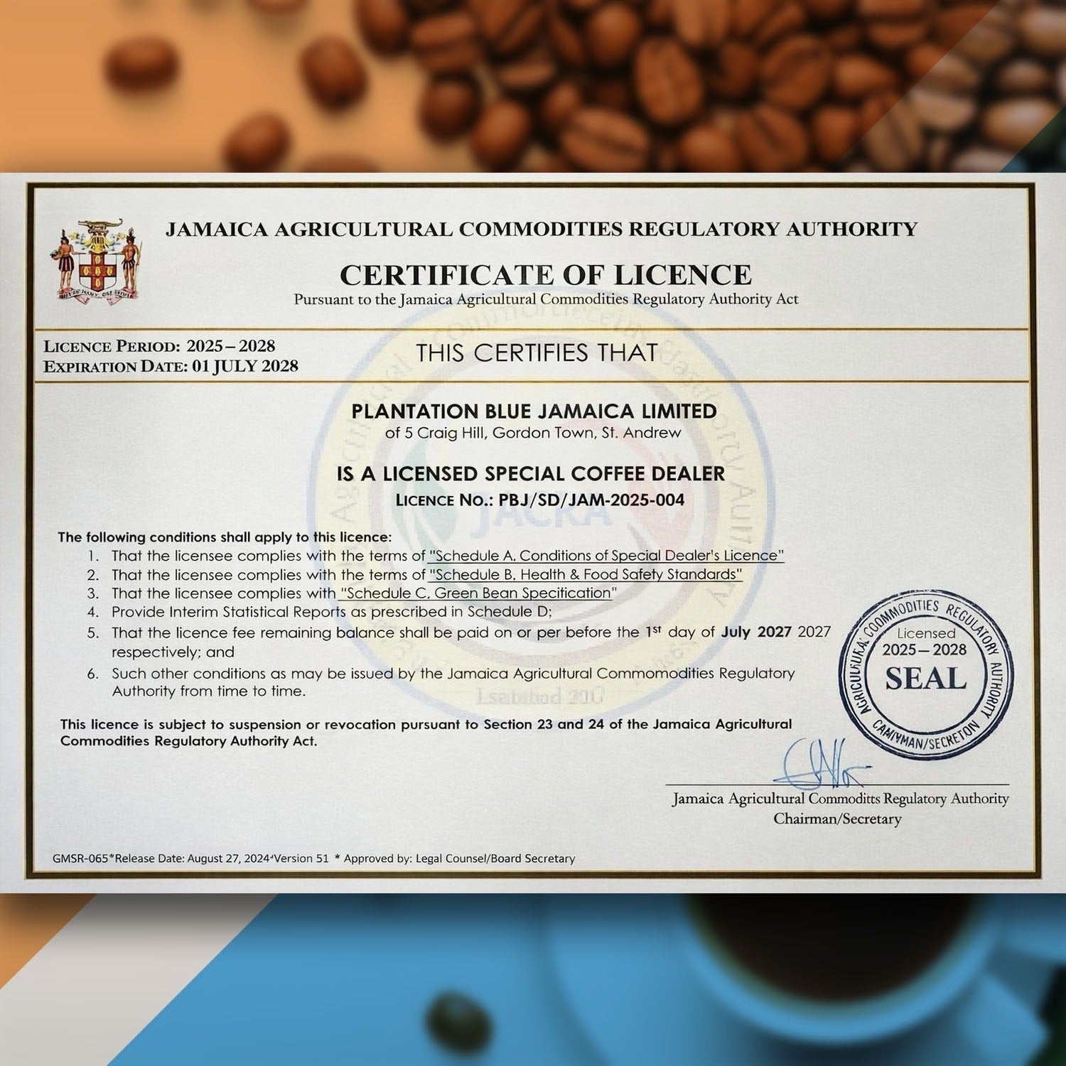 Plantation Blue 100% Jamaica Blue Mountain Coffee — 16 oz Whole Bean